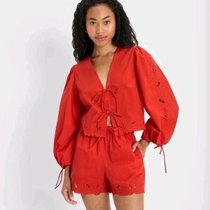 Future Collective Long Sleeve Eyelet Tie-Front Poplin Blouse